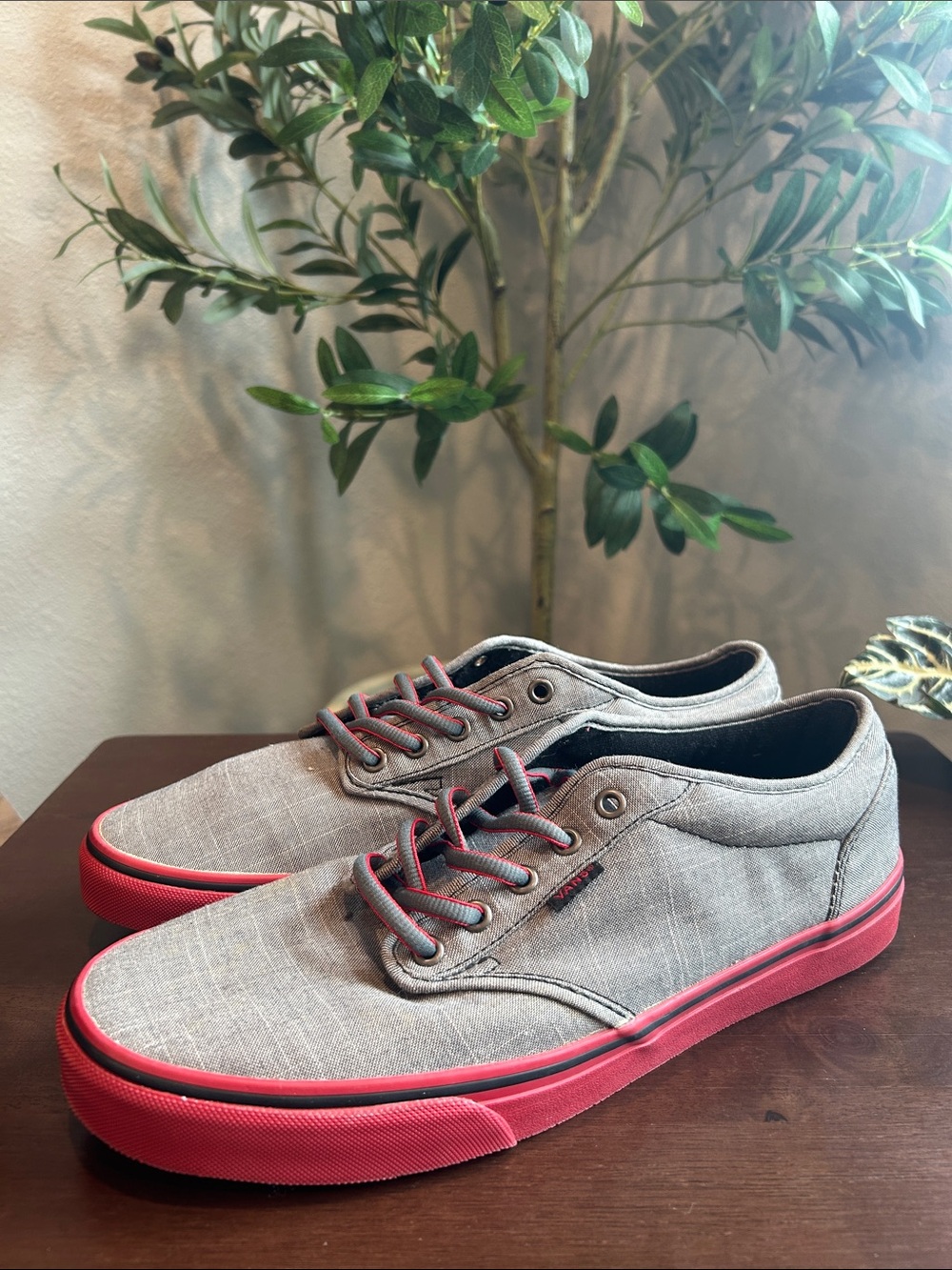 Vans Gray Canvas Sneakers with Red Sole